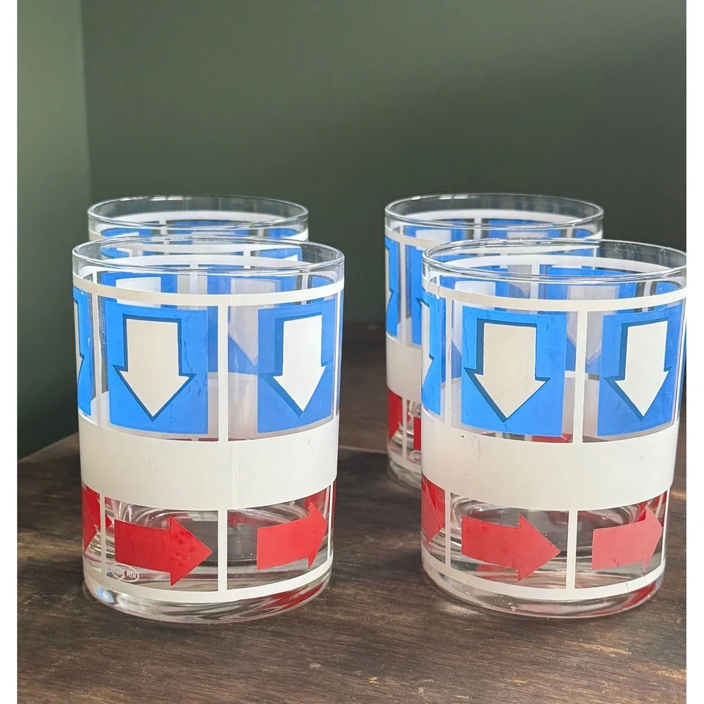Vintage Bar-Trix Arrow Rocks Glasses Set of 4 Red Blue MCM Lowball Tumblers